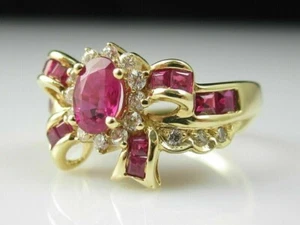 2.00 Ct Oval Cut Simulated Red Ruby Halo Engagement Ring 14k Yellow Gold Plated - Picture 1 of 5