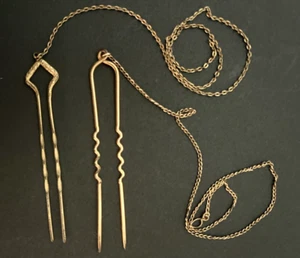 Antique Gold Filled Hair Pins w/Chains for Pince-Nez Glasses Lot of 2 - Picture 1 of 18