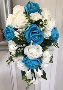 BRIDES TEARDROP BOUQUET, Ivory/turquoise roses and Greenery natural looking - Picture 1 of 3