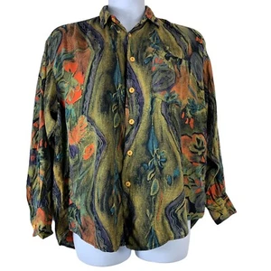 Camisa vintage de furúche con botones grandes delanteros manga larga estampado abstracto multicolor - Imagen 1 de 5