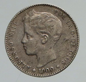 1900 SPAIN King ALFONSO XIII Antique Silver OLD 1 Peseta Spanish Coin i94611 - Picture 1 of 3