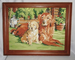 Vintage gerahmtes Malen nach Zahlen ~ Golden Retriever Mama & Welpe - Bild 1 von 5