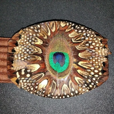 Vintage Lee Sands Genuine Peacock Feather Belt Buckle. Brown Belt. BOHO - Image 1 of 4