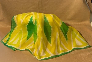 Jan C Vintage 60s Nylon Scarf Bright Yellow Green Diamond Watered Pattern - Picture 1 of 3