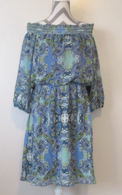 Eliza J Dress 3646 Womens 14 Blue Paisley 3/4 Sleeve Pullover Lined Knee Length - Image 1 of 4