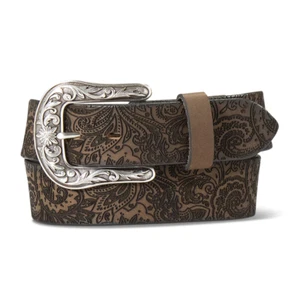 A1565402 Ariat Women's Brown Laser Cut Paisley Leather Belt Silver Buckle NEW - Picture 1 of 5