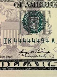 2006 $5 FRN Gem CU near Solid Same Serial Number seven 4's note 3 of 4 - Picture 1 of 3