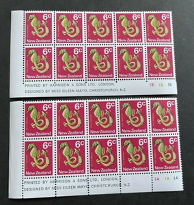 New Zealand: 1974, 6c reprint, Seahorse, no watermark, 2 plate blocks, MNH - Picture 1 of 1