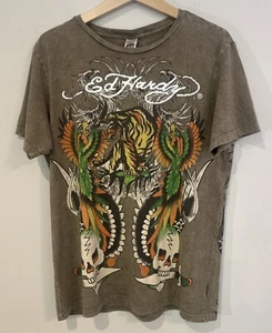 Vintage Y2K Ed Hardy Double Sided Shirt Skulls Tiger Koi Fish Tattoo Large NEW! - Picture 1 of 8