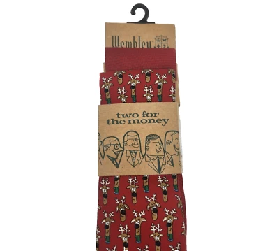 Set of 2 Reindeer Print Christmas Neck Tie Solid Red Wembley Two For the Money - Image 1 of 4