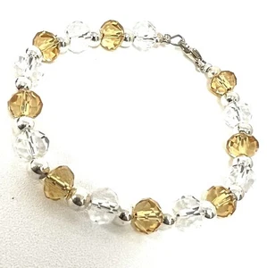 925 Pure Silver Balls With White And Champagne Synthetic Beads Bracelet - Picture 1 of 2