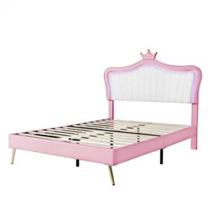 Queen Crown Headboard Modern Upholstered Princess Bed with LED Lights White+Pink - Picture 1 of 10
