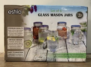 Estilo Mason Jar Old Fashioned Drinking Glass Set Of 6 16oz Mugs - Picture 1 of 5