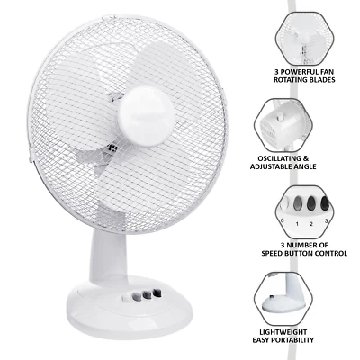 12" OSCILLATING ELECTRIC DESK FAN 12 INCH 3 SPEED SILENT PORTABLE HOME OFFICE - Image 1 of 4