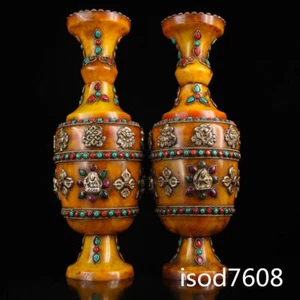 13" China ancient Exquisite carving Tibet Pure manual Inlaid gem a pair vase - Picture 1 of 9