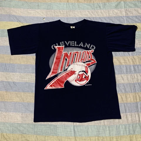 Sz L- Vintage 1996 Cleveland Indians Chief Wahoo shirt mens navy blue - READ!! Cover