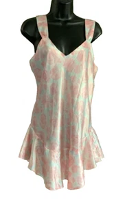 Vintage 80er Pastell Blumen Poly Satin Schößchen Saum Nachthemd ärmellos Dessous Gr. M - Bild 1 von 17
