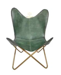 Handmade Green Real Leather Butterfly Chair Folding Office Garden Lounge Chair - Picture 1 of 7