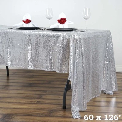60x126" Silver SEQUIN RECTANGLE TABLECLOTH Light Gray Party Catering Linens SALE - Image 1 of 4
