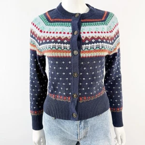 J. Crew Navy Blue Cherry Fair Isle Cardigan Sweater Size XXS Lambswool Blend - Picture 1 of 11