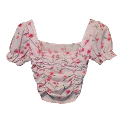 Top Coquette Mujer Pequeño Rosa Floral Mangas Abullonadas Acanalado Cottagecore Femenino Foto 1 de 4