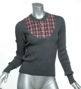 CHANEL Grey Cashmere Houndstooth Ribbed Knit Long Sleeve Top Sweater US8 FR40 - Picture 1 of 4