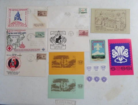 Vintage Boy Scout BSA LOT- 4 Diff Stamped Covers + 4 Postcards + Decals + Canada Cover