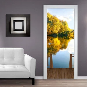 Türtapeten Selbstklebende Wandbild Tür Poster 3D Holzbalkon Wald See 1341 - Picture 1 of 2