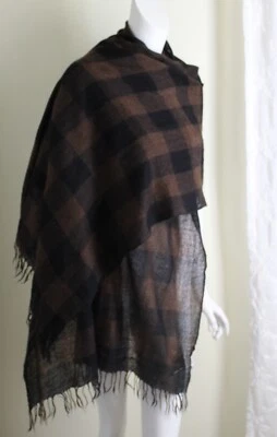 Eskandar Brown Black Gingham Check 100% Cashmere Gauze Shawl Wrap Scarf - Image 1 of 4