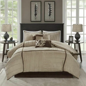 NEW!~ COZY ULTRA SOFT & PLUSH BROWN TAUPE BEIGE TAN PINTUCK STRIPE COMFORTER SET - Picture 1 of 5