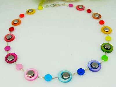 Halskette Perlmutt Muschel Donut Ring bunt mehrfarbig Glas silber 131p - Bild 1 von 4
