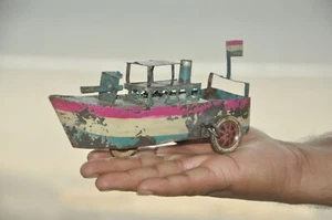 Vintage Wind Up Early Handpainted Unique Tin Boat Toy, Germany? - Picture 1 of 11
