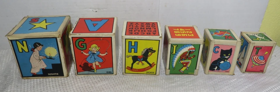 VINTAGE 1940's SET 6 CHILDRENS LITHOGRAPH CARDBOARD STACKING NESTING BLOCK SET - Image 1 of 4