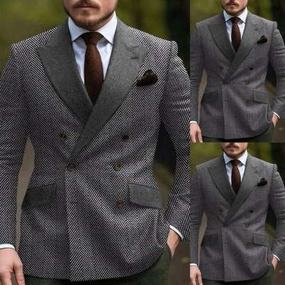 Men Jackets Tweed Herringbone Party Business Single Breasted Vintage Groom Prom - Image 1 of 4
