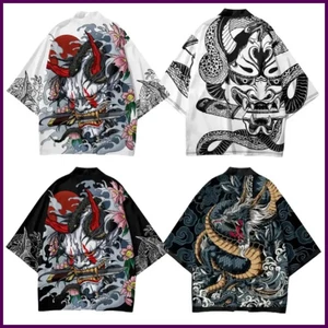 Summer Demon Snake Print Cardigan Men's Chinese Dragon Pattern Japanese - Picture 1 of 26