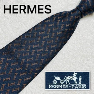 HERMES necktie T-shaped metal fittings all over pattern silk wool made in France - Picture 1 of 8
