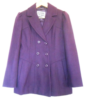 Guess Wool Blend Pea Coat Double Breasted Preppy Eggplant Warm Jacket Women PM  - Image 1 of 4