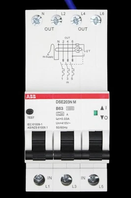 ABB 63 AMP CURVE B 10kA 30mA TRIPLE POLE RCBO TYPE A DSE203N M 2TAZ234414R2635 - Image 1 of 4