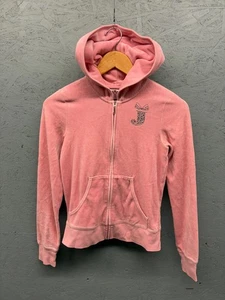 Juicy Couture Velour Hoodie Women’s P Pink Full Zip J Rhinestone Logo Pocket - Picture 1 of 10
