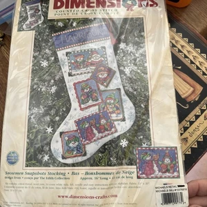 VTG Dimensions Counted Cross Stitch Kit Snowmen Snapshots Stocking 2001 #8668 - Picture 1 of 7