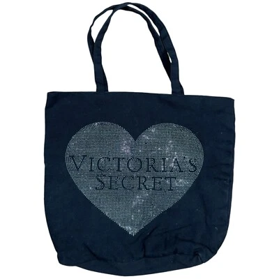 Victoria's Secret Tote Black Silver Stones Studded Logo Bling Heart Shopping Bag - Image 1 of 4