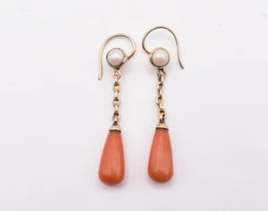 Antique Victorian 18ct Gold Coral and Pearl Drop Earrings - Picture 1 of 6