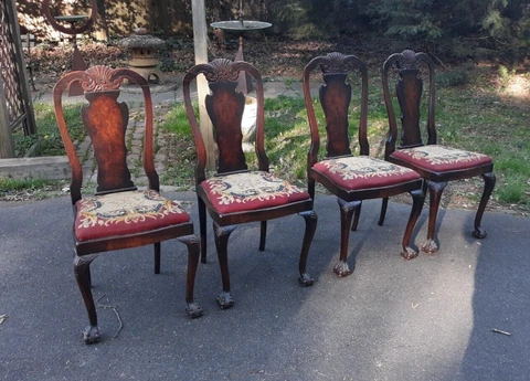 Set of Four Carved Queen Anne Side Chairs With Needlepoint Seats Old or Antique Cover