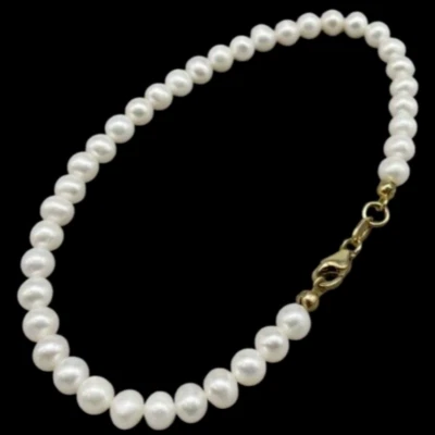 Bracciale uomo donna perle naturali tonde autentiche D.5mm argento 925 color oro - Immagine 1 di 4