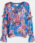 MISA Shirt Womens Extra Large Blue V-Neck Floral Long Sleeve Capriana Top