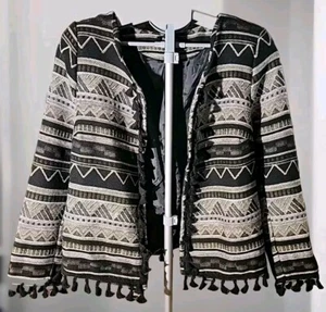 Relativity Open Jacket With Tassles Womens Grey Black Geometric Print-Size Lg - Picture 1 of 7