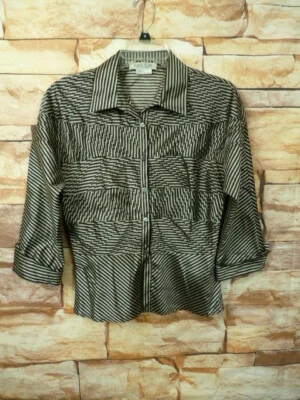 Blusa listrada KAY UNGER NEW YORK manga 3/4 marrom/cinza tamanho 6 seda J-23 peplum - Imagem 1 de 4