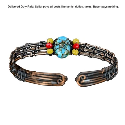 Brazalete Brazalete Cobre Azul Turquesa Piedra Amarillo Y Rojo Coral Cuentas Cobre Foto 1 de 4