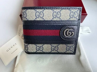 Cartera monedero plegable de cuero para hombre Gucci GG azul marino/rojo Foto 1 de 4