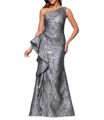 Xscape Gunmetal Metallic Ruffle One-Shoulder Jacquard Mermaid Gown Size 8 $298 - Image 1 of 3